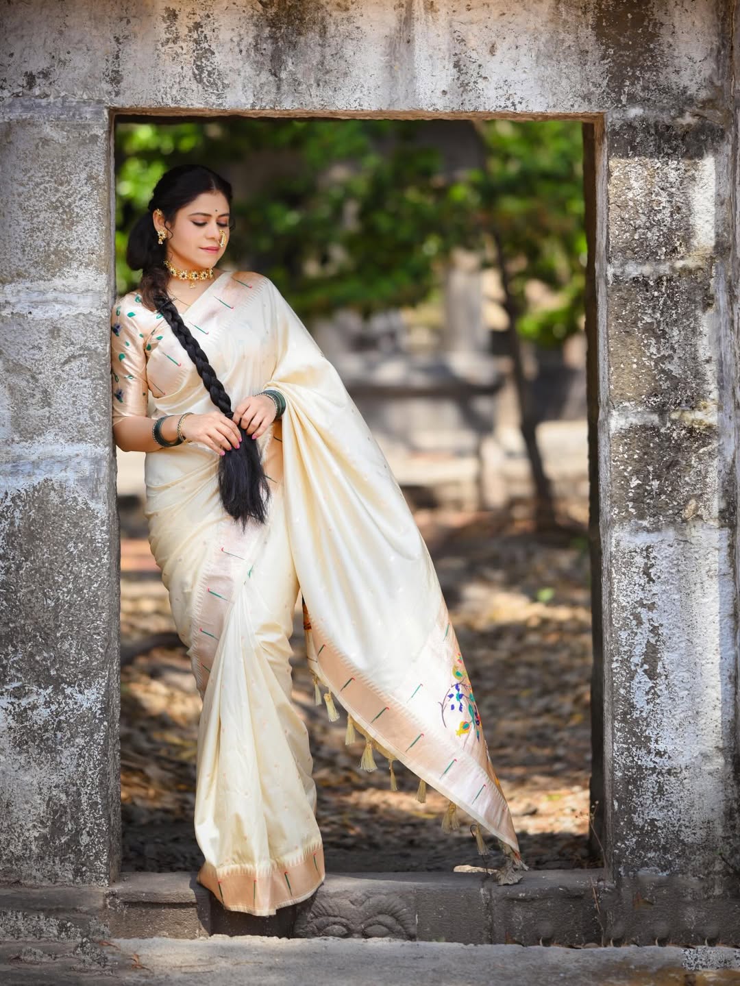 Ashvini Mahangade White Muniya Paithani Saree Look