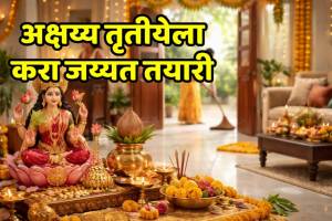 A clean traditional Indian home entrance decorated for Akshaya Tritiya 2026 Lakshmi Puja.