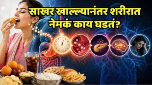 A person eating a sweet or donut with a graphic representation of rising blood sugar levels.