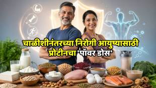 A middle-aged person eating a healthy protein-rich meal with eggs, lentils, and nuts.