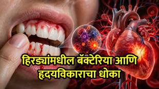 Person brushing teeth with bleeding gums and a symbolic representation of heart and kidney health