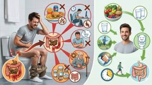 Person sitting stressed in bathroom holding stomach - Constipation awareness