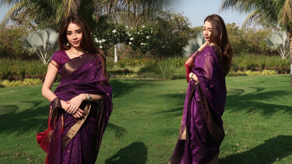Yugendra Pawar wife Tanishka kulkarni purple saree photoshoot