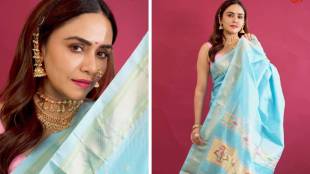Amruta Khanvilkar sky blue saree look