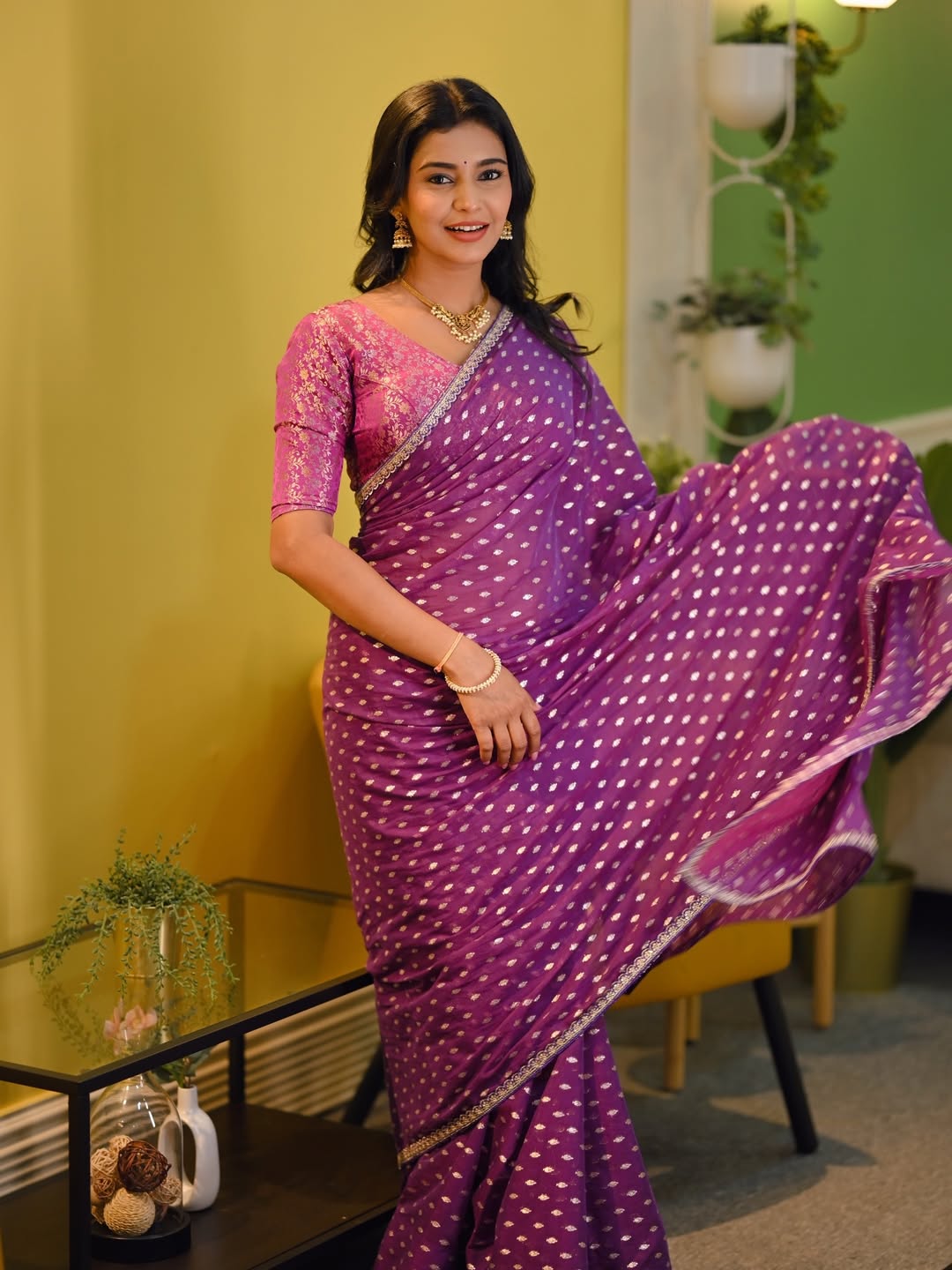 Shivani Mundhekar Purple Polka Dot Saree Look