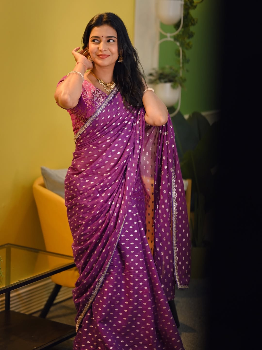 Shivani Mundhekar Purple Polka Dot Saree Look