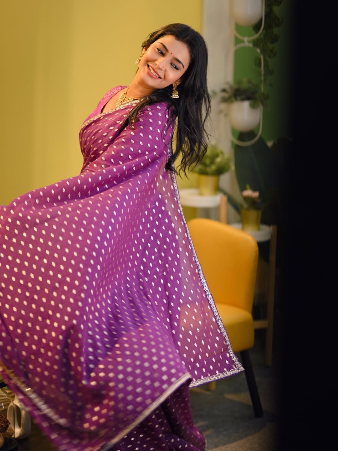 Shivani Mundhekar Purple Polka Dot Saree Look