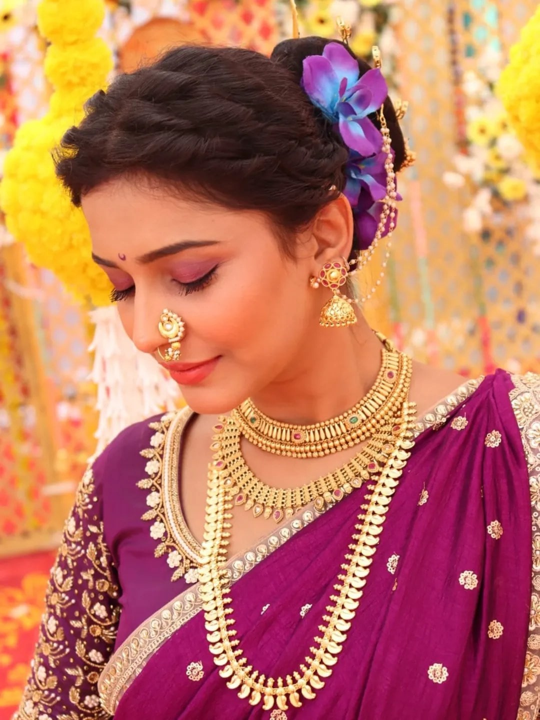 Shivani Mundhekar Purple Polka Dot Saree Look