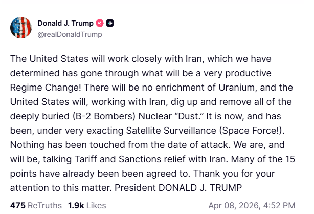 US President Donald Trump posts on iran war