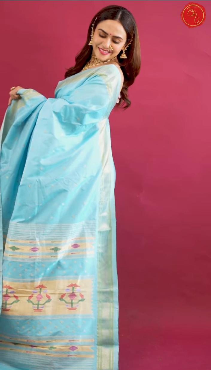 Amruta Khanvilkar sky blue saree look