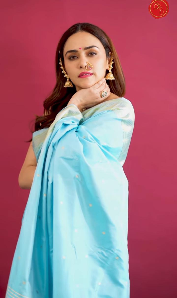 Amruta Khanvilkar sky blue saree look