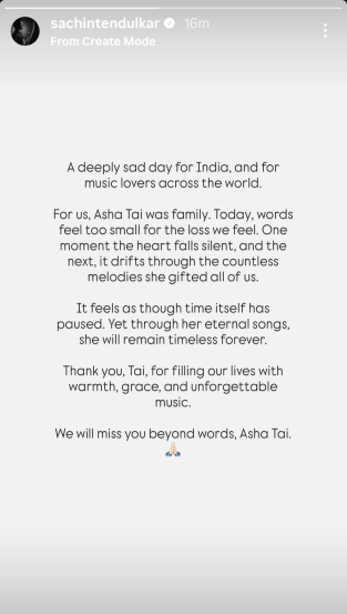 Sachin Tendulkar Post on Asha Bhosle