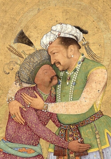 Shah Abbas and Jahangir in embrace, circa 1618