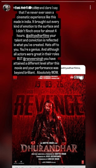 Virat Kohli Instagram Story on Dhurandhar 2