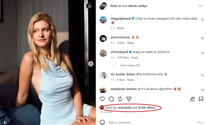Influencer Lizlaz post Virat kohli like