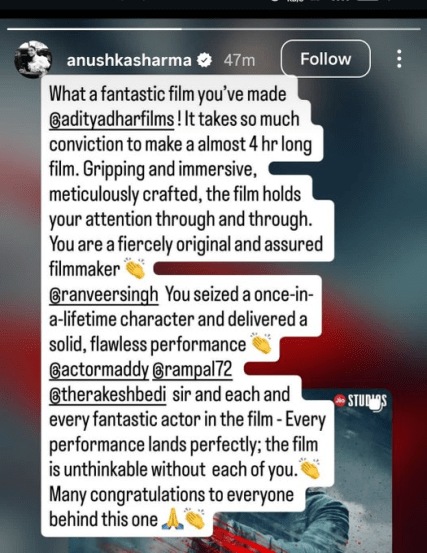 Anushka Sharma Instagram Story on Dhurandhar 2