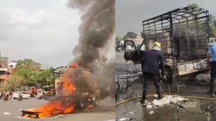 Pune Warje highway tempo fire incident | Mumbai Bangalore bypass road accident news | Furniture truck caught fire in Pune | Pune fire brigade dousing tempo fire
