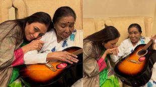 Actress Tabu with legendary singer Asha Bhosle and the guitar gifted by her.