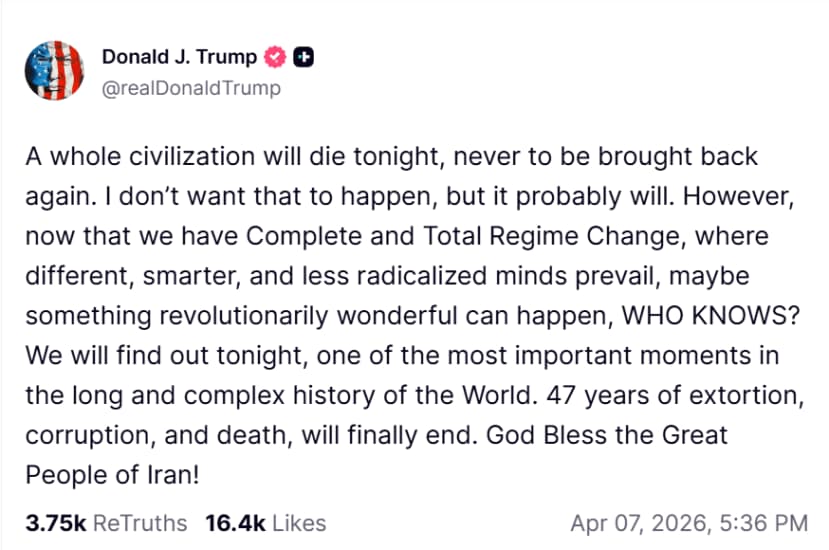whole civilization will die tonight by trump