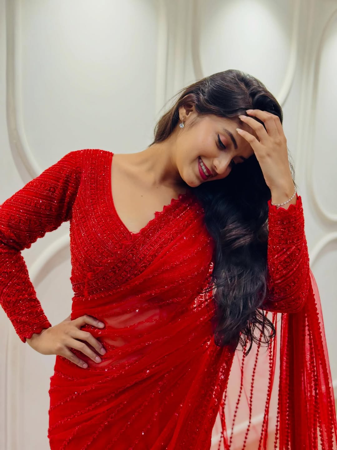 Prapti Redkar in red designer saree