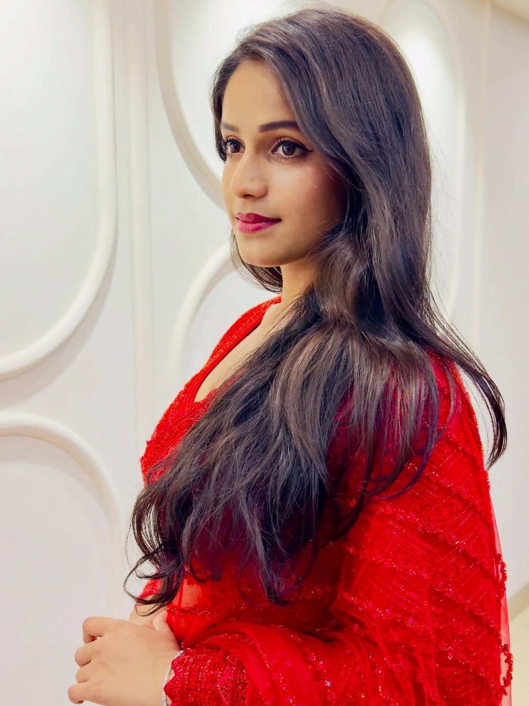 Prapti Redkar in red designer saree