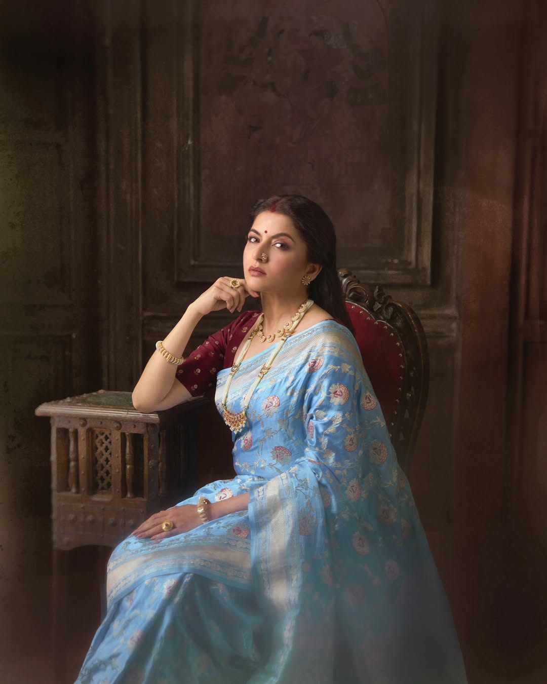 Bhagyashree in Raja Shivaji movie green nauvari saree look