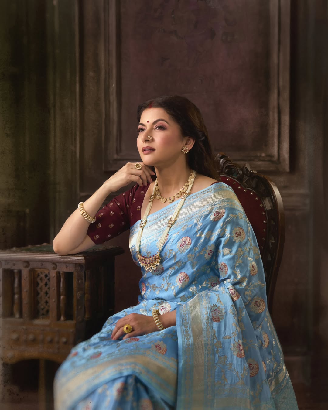 Bhagyashree in Raja Shivaji movie green nauvari saree look