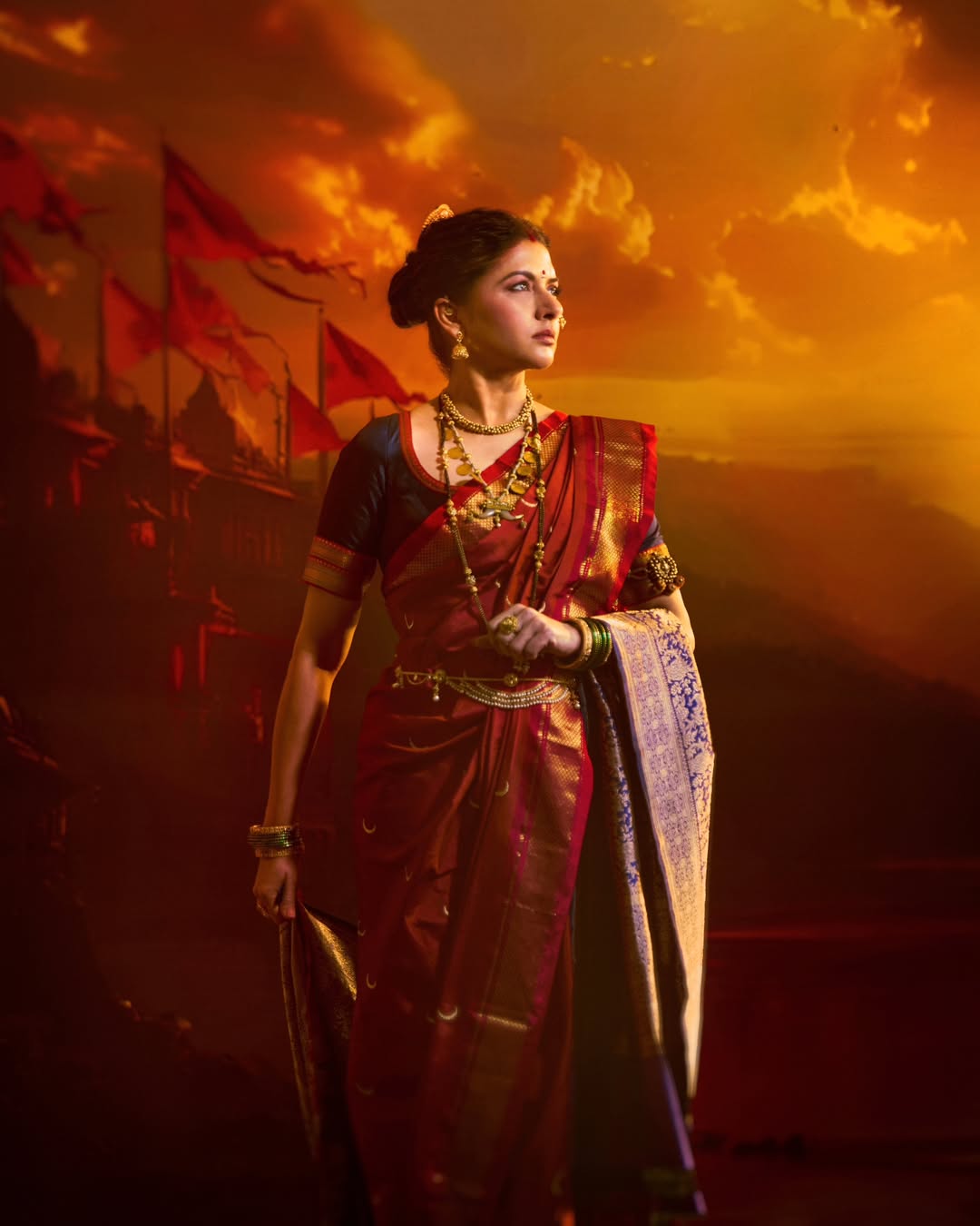 Bhagyashree in Raja Shivaji movie green nauvari saree look