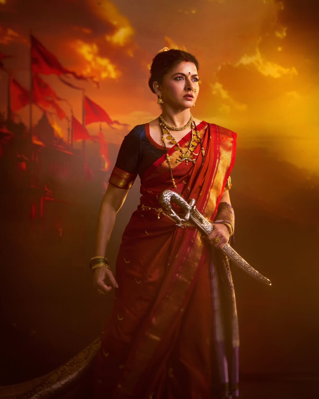 Bhagyashree in Raja Shivaji movie green nauvari saree look