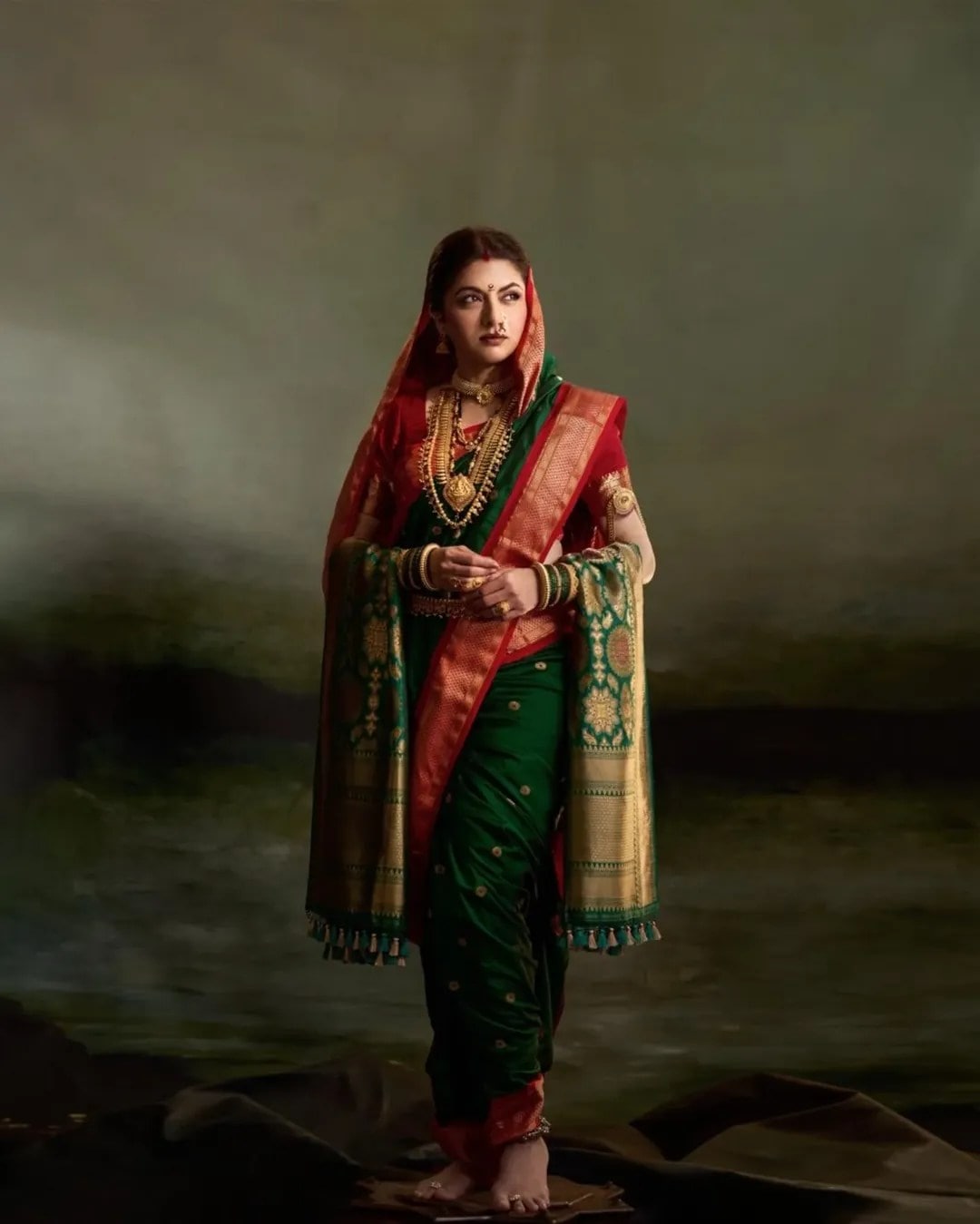 Bhagyashree in Raja Shivaji movie green nauvari saree look