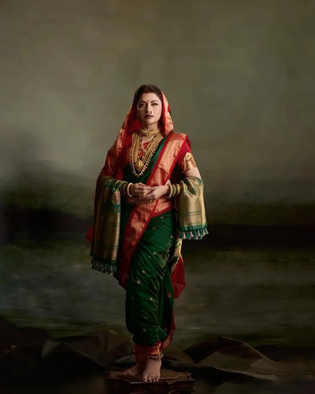 Bhagyashree in Raja Shivaji movie green nauvari saree look