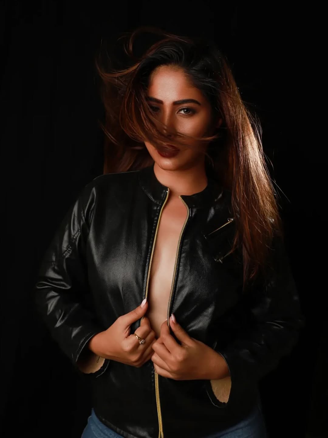 Akshaya Hindalkar black leather jacket.