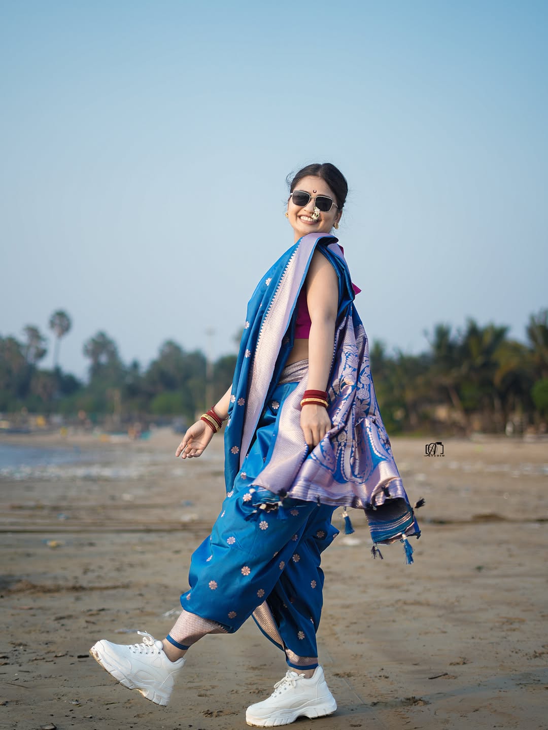 Gautami Patil Blue Nauvari Saree Beach Photoshoot
