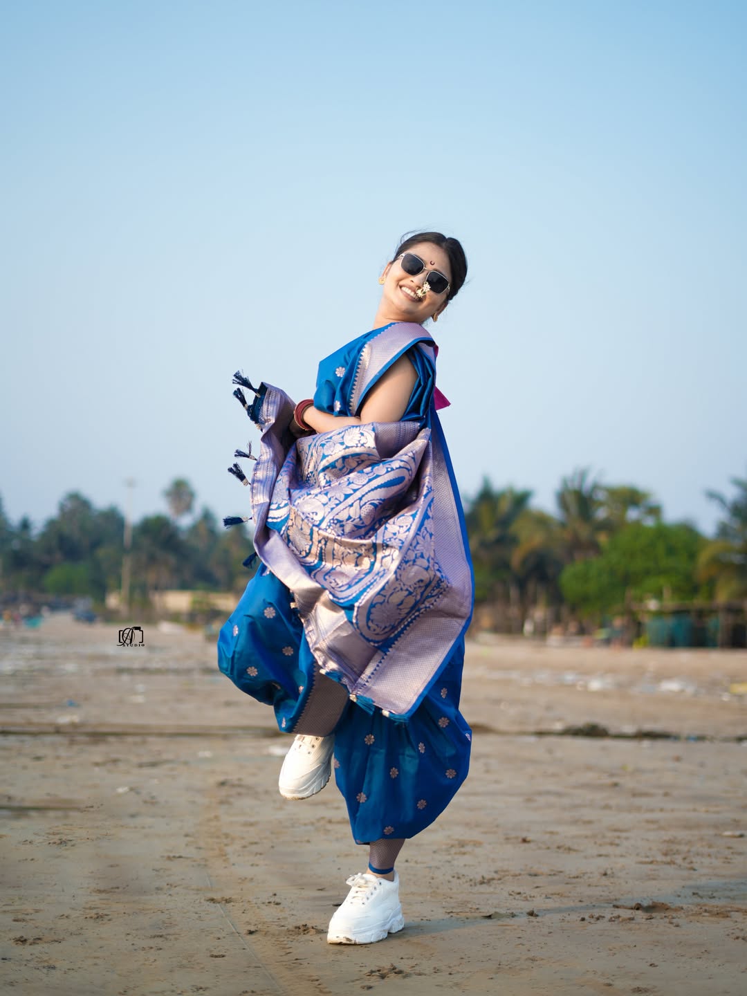 Gautami Patil Blue Nauvari Saree Beach Photoshoot
