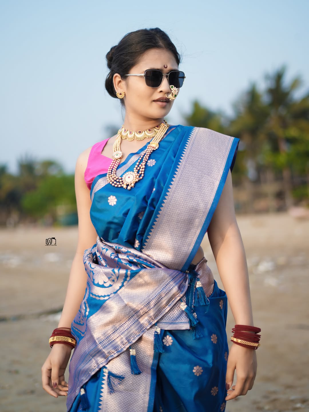 Gautami Patil Blue Nauvari Saree Beach Photoshoot