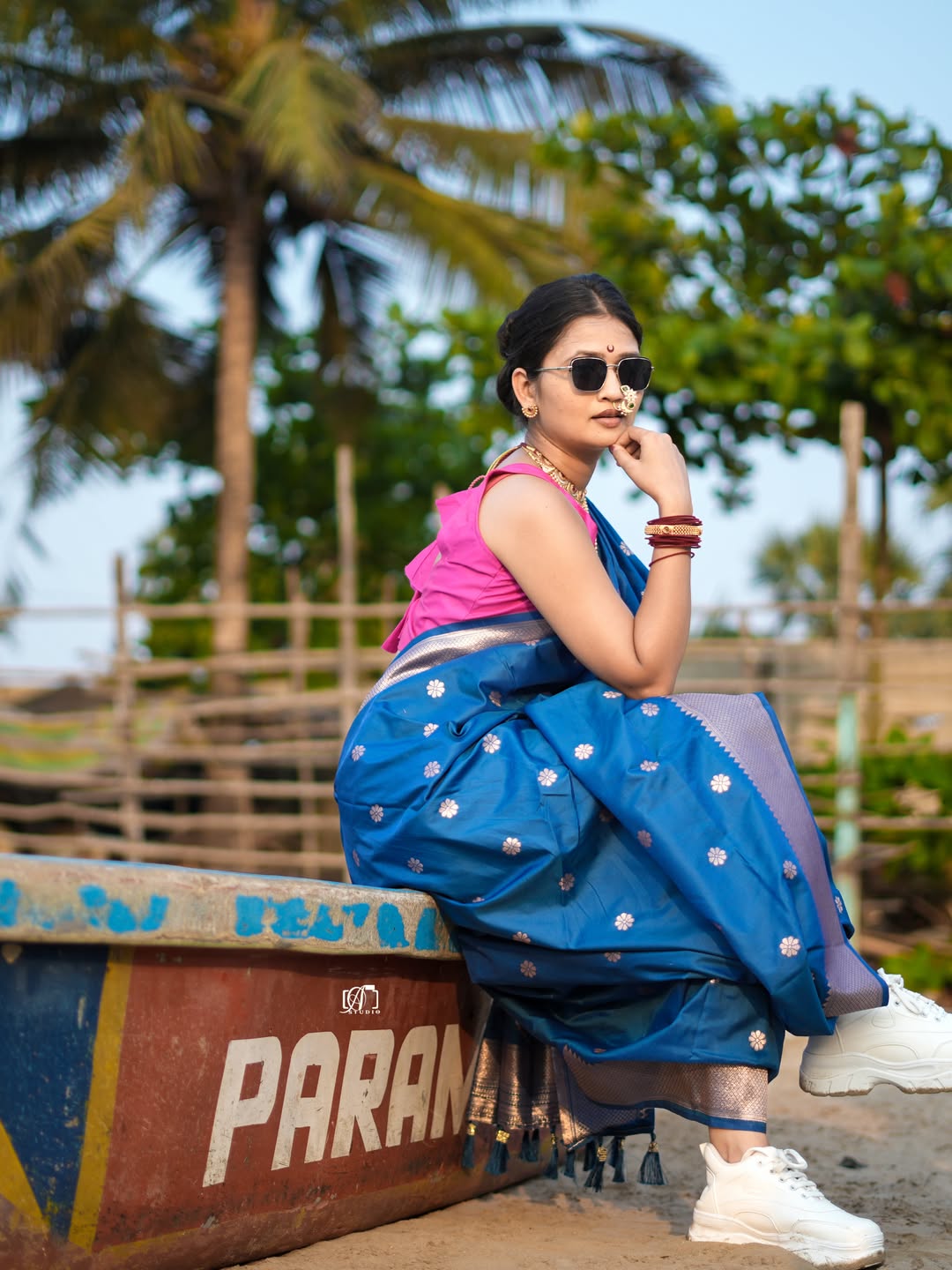 Gautami Patil Blue Nauvari Saree Beach Photoshoot