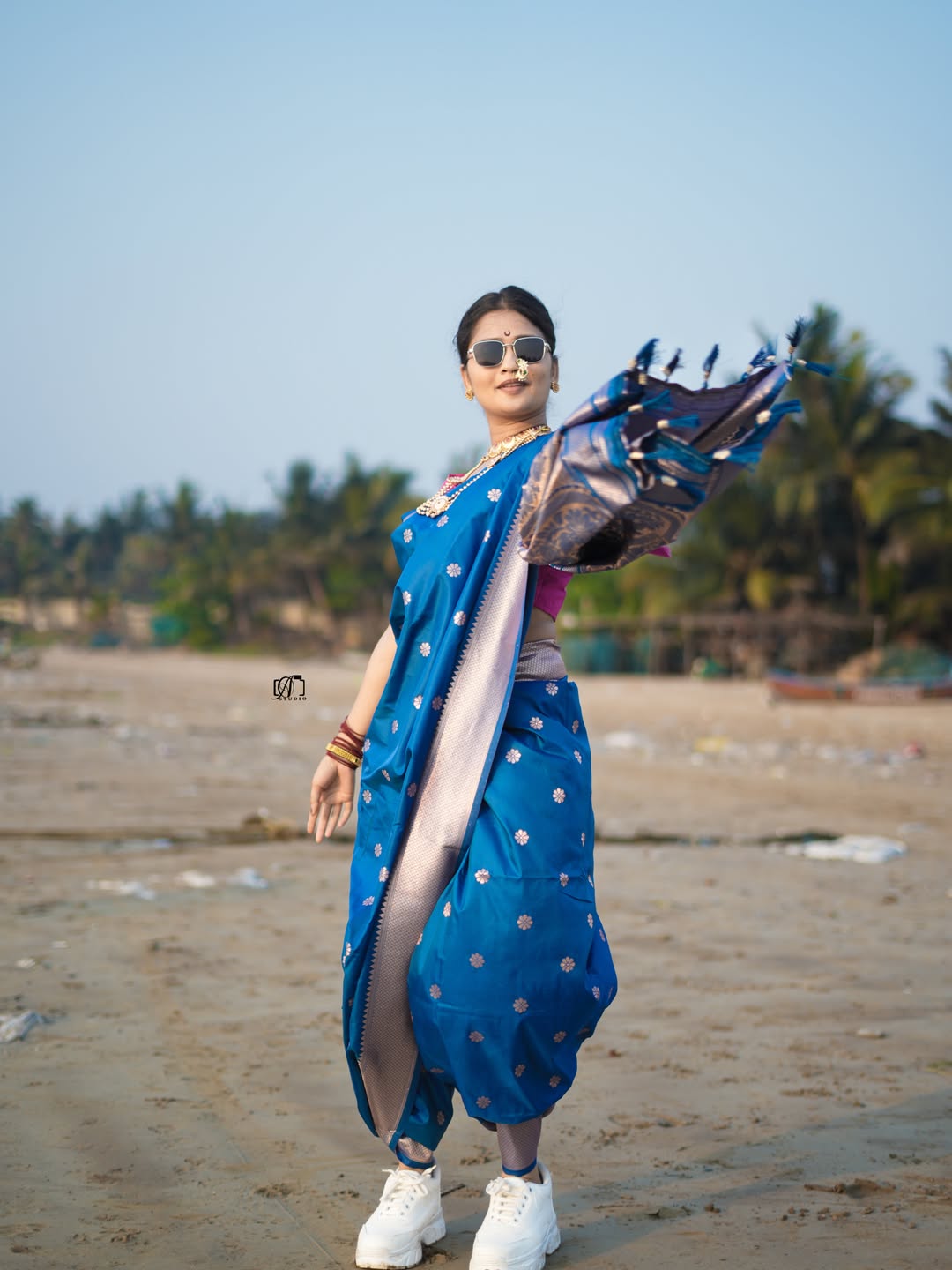 Gautami Patil Blue Nauvari Saree Beach Photoshoot