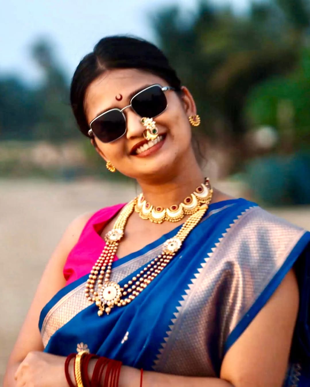 Gautami Patil Blue Nauvari Saree Beach Photoshoot