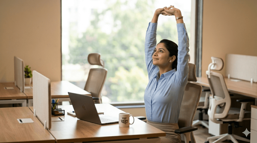 Office employee stretching to prevent back pain | ऑफिसमध्ये बसून काम करताना करायचे व्यायाम | Importance of Movement Snacks for sedentary lifestyle | सतत बसून राहिल्याने होणारी कंबरदुखी थांबवण्यासाठी उपाय