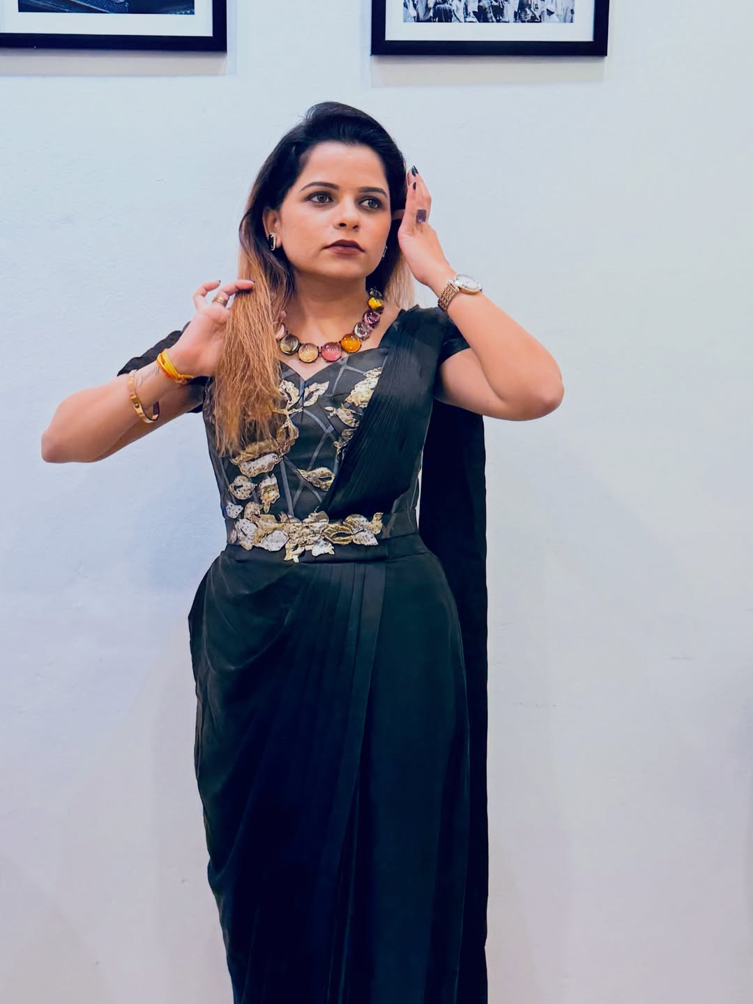 Kartiki Gaikwad Black Satin Saree Look