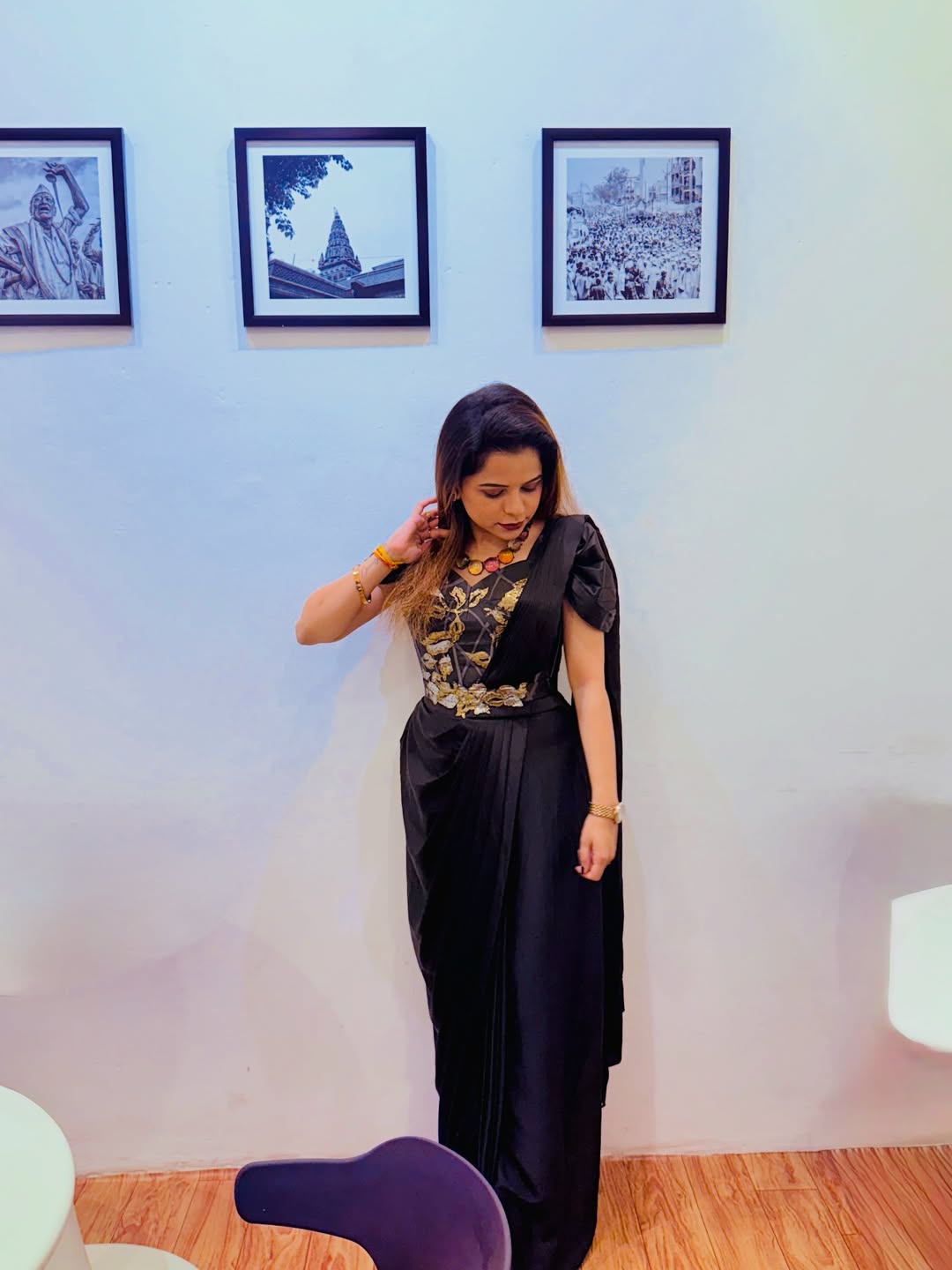 Kartiki Gaikwad Black Satin Saree Look