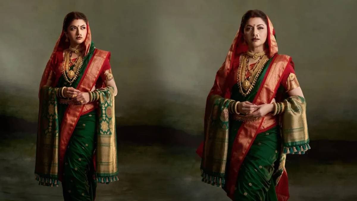 Bhagyashree in Raja Shivaji movie green nauvari saree look