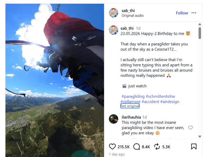 Plane rips through woman's parachute over Alps. Video captures terrifying moment