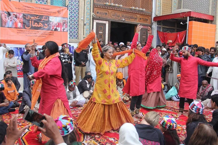 Performing dhamal at Sindh’s Lal Shahbaz Qalandar in 2017 following a bomb attack there. (Photo credit: Sheema Kermani)