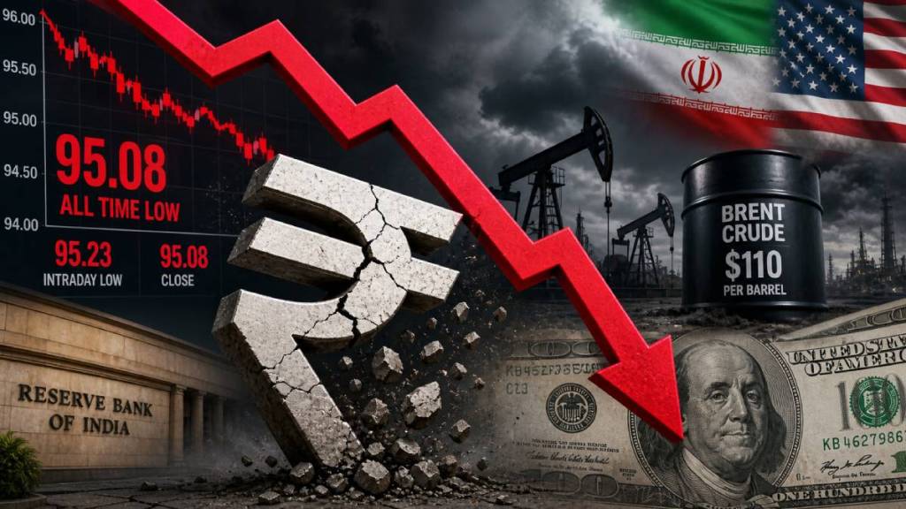 Indian Rupee record low 95.08 against US Dollar | RBI currency intervention forward market | Global crude oil price impact on Rupee | Indian economy and foreign exchange volatility Indian Rupee record low 95.08 against US Dollar | RBI currency intervention forward market | Global crude oil price impact on Rupee | Indian economy and foreign exchange volatility