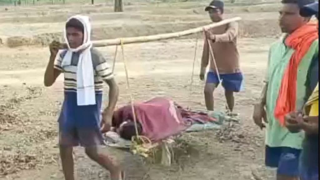 gadchiroli bhamragad wild boar attack injured patient | villagers carrying patient on bamboo stretcher kavad maharashtra | lack of roads in gadchiroli tribal areas | forest animal attacks in bhamragad gadchiroli district gadchiroli bhamragad wild boar attack injured patient | villagers carrying patient on bamboo stretcher kavad maharashtra | lack of roads in gadchiroli tribal areas | forest animal attacks in bhamragad gadchiroli district