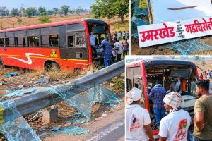 Gadchiroli Umarkhed ST bus accident overturned vehicle in field | Inspector Vinod Chavan Gadchiroli updates handling rescue operation site | गडचिरोली उमरखेड एसटी बस अपघात | नवेगाव मुरखळा अपघातग्रस्त शटल बस आणि पोलीस मदतकार्य