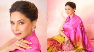 Madhuri Dixit in beautiful pink saree for movie promotion
