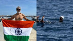 Milind Soman swimming record from Europe to Africa with Indian Flag