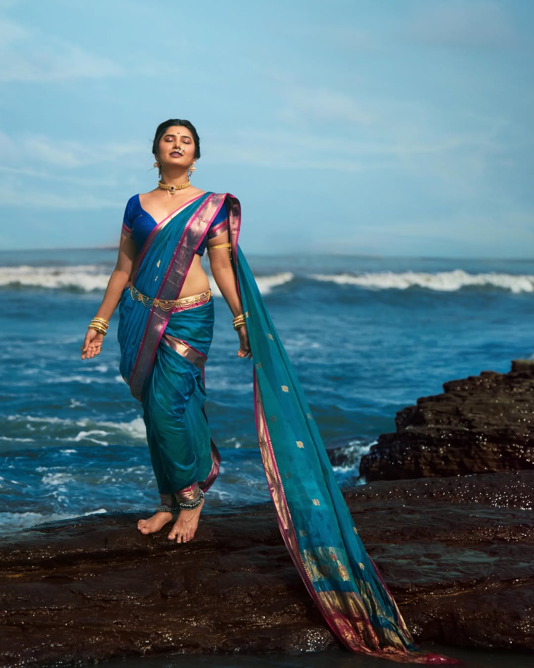 Prajakta Mali Wears Peshwai Silk Nauvari Saree At Cannes with 115 years Old nath